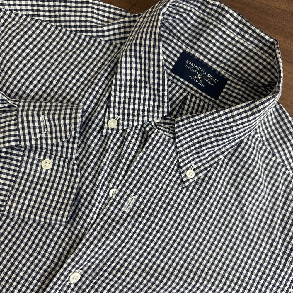 Kamakura Maker's Button Down Gingham Japan Shirt Navy Blue Cotton Mens 16.5-33.5